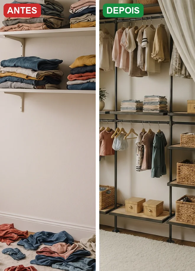 Parede com prateleiras e roupas no chão antes, e closet aberto com cortina depois
