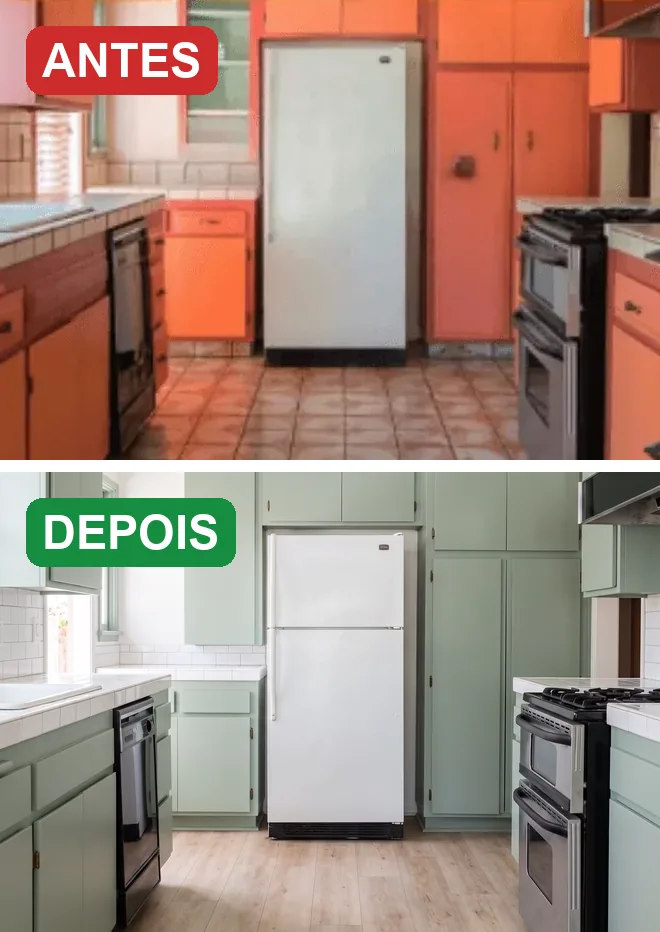 Cozinha laranja antes e verde depois, com a mesma geladeira e o mesmo fogão