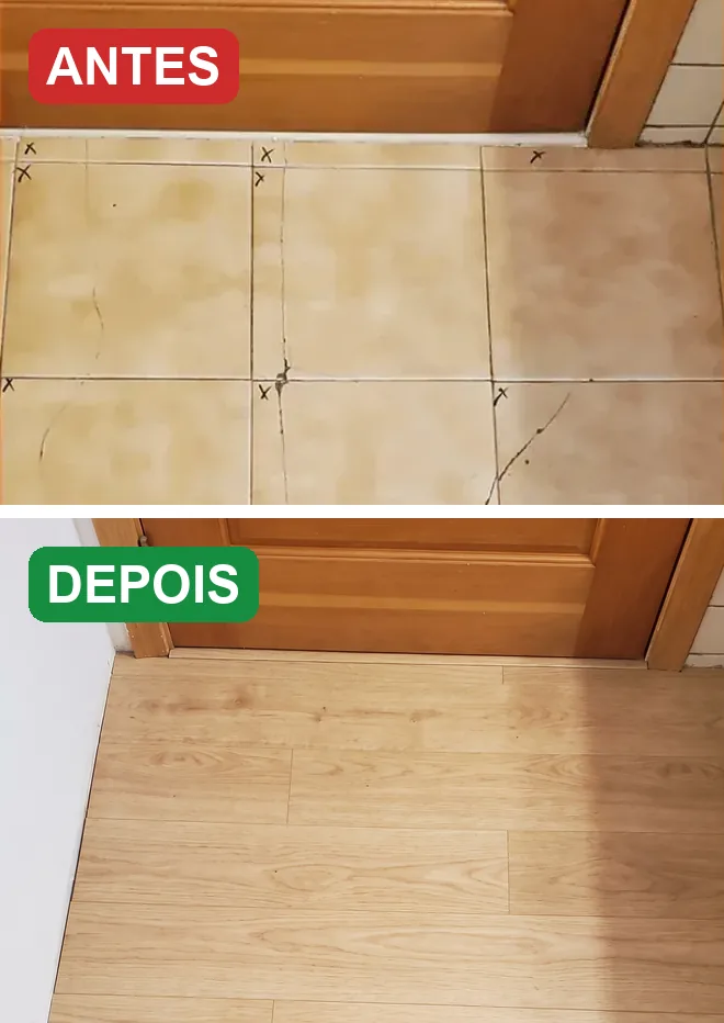 Piso rachado antes e piso de madeira depois