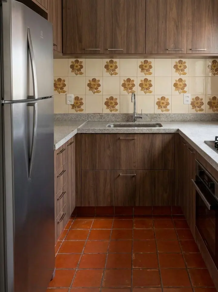 Cozinha antes, com armário escuro, azulejo de flor e piso vermelho
