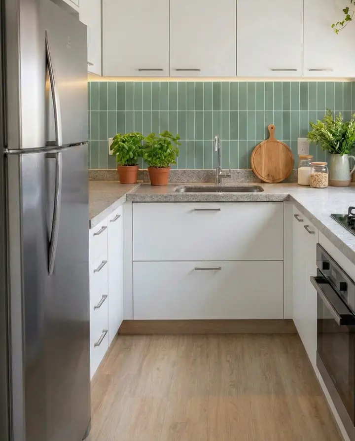 Cozinha depois, com armário branco, revestimento verde na parede da pia e piso de madeira